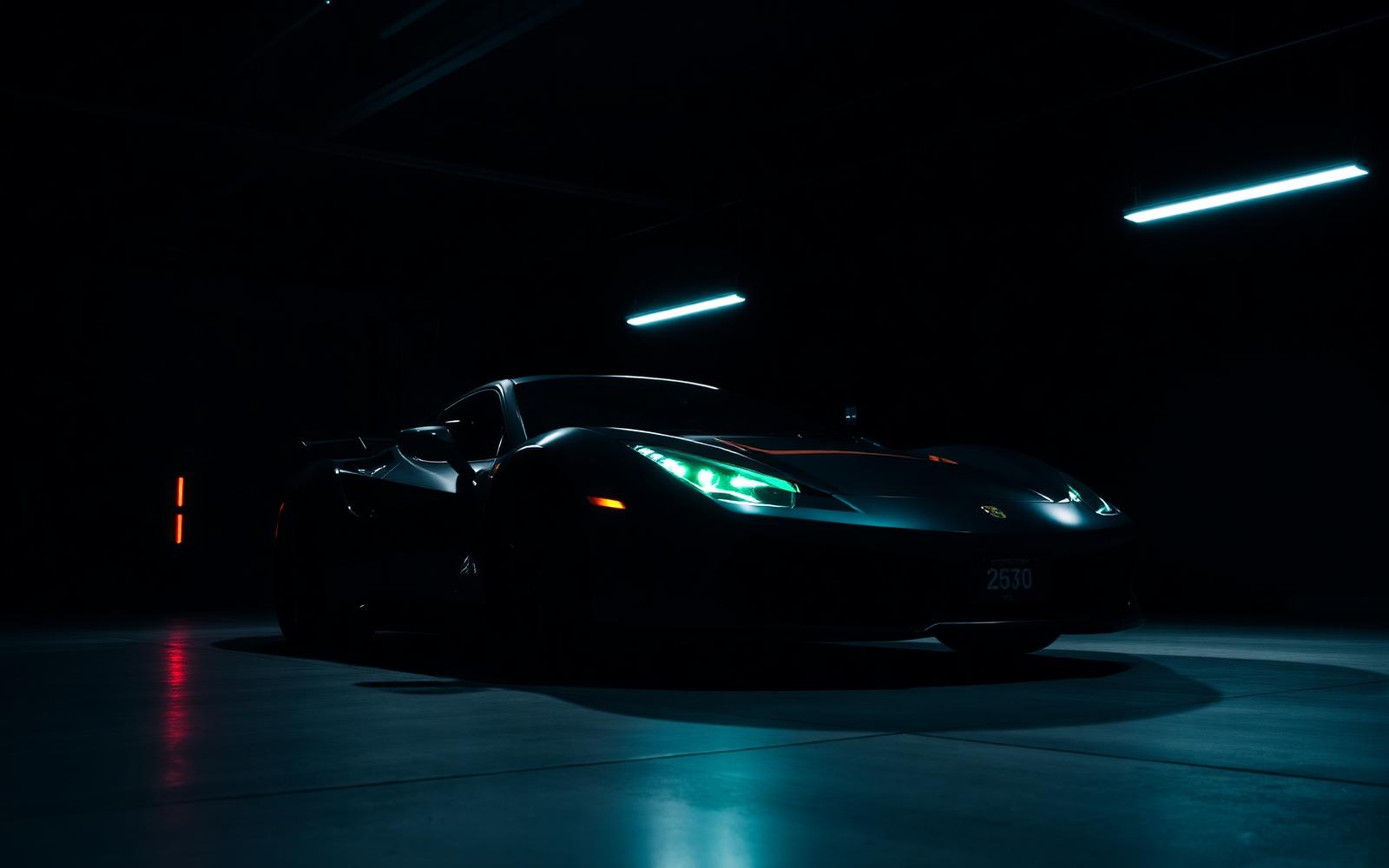 Dark sports car under dramatic lighting